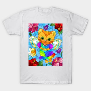 Angel Cat In Flower Garden Stained Glass Pattern Design T-Shirt